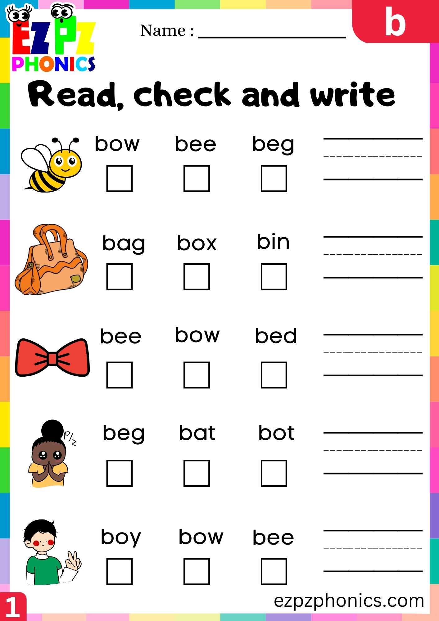 Letter B Read Check And Write Beginning Sounds Worksheet - Ezpzphonics.com